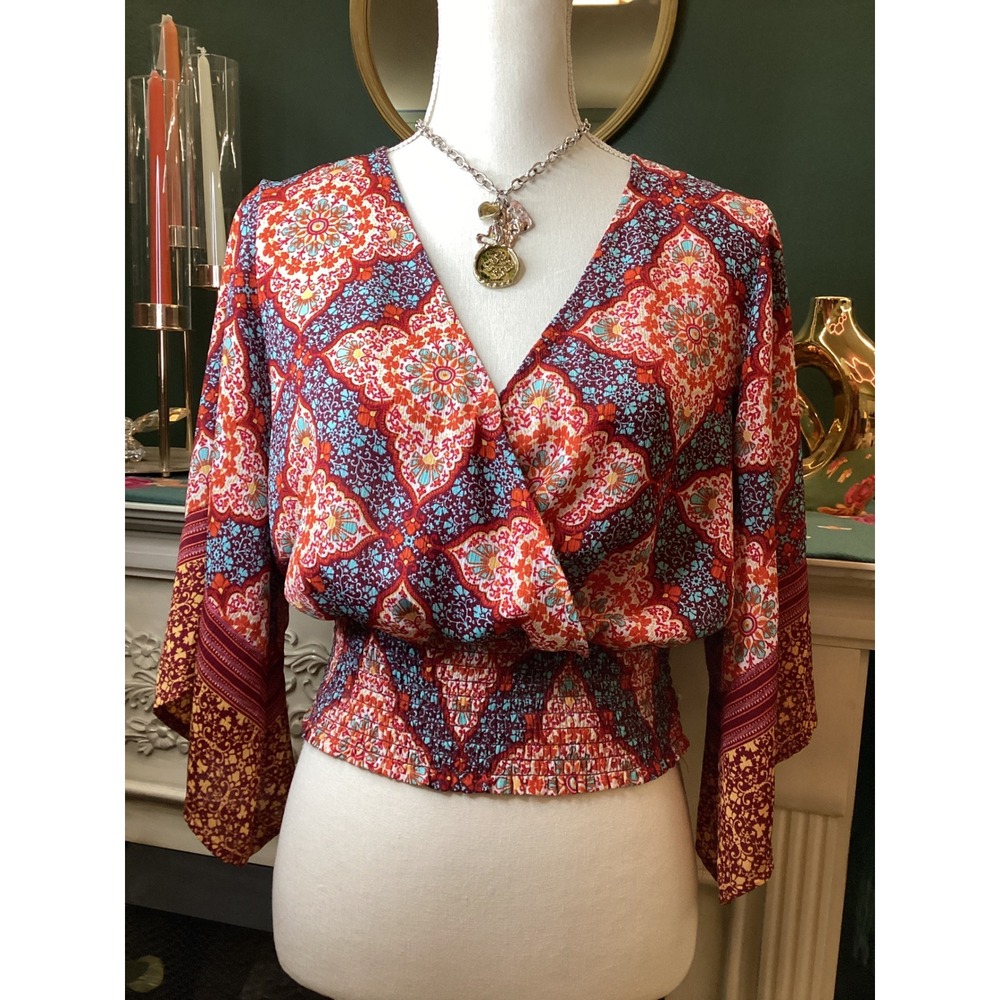 Twine & String‎ Surplice Blouse Medium Red Boho Smocked